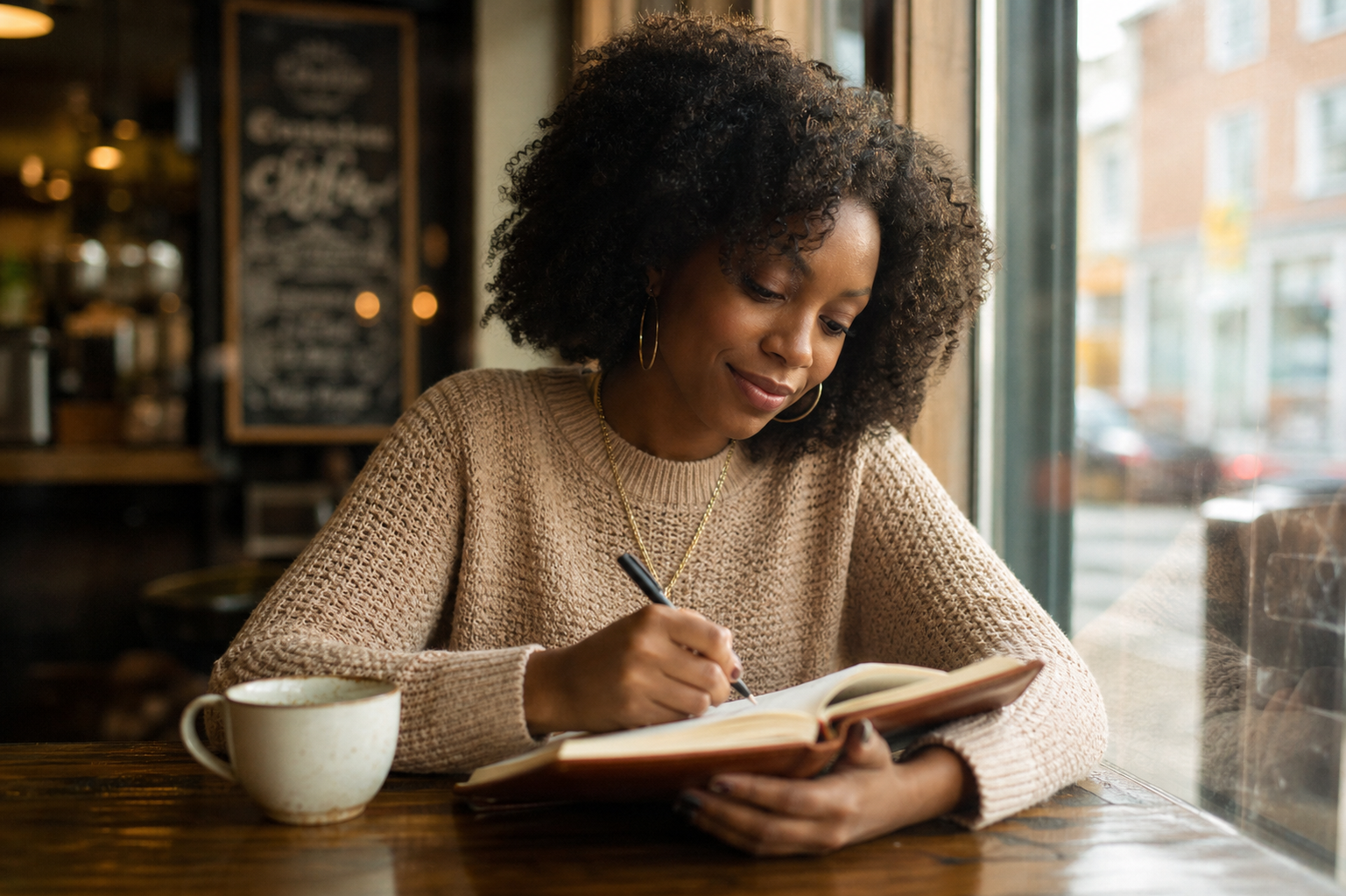 Journal with handwritten notes and coffee