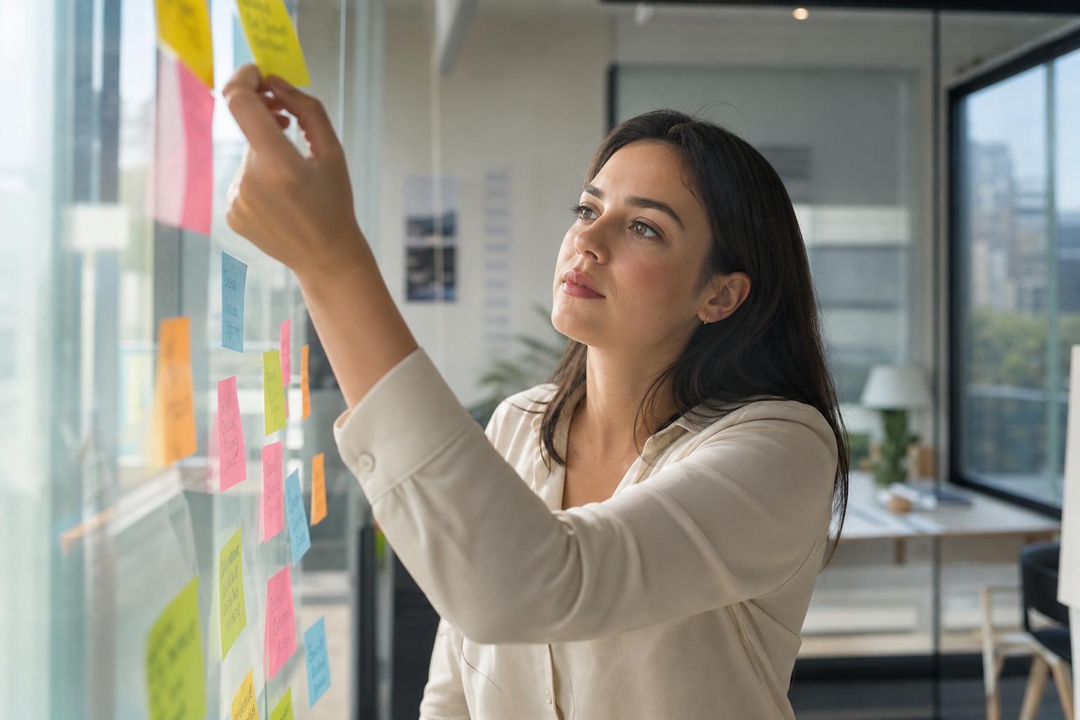 Woman organizing sticky notes